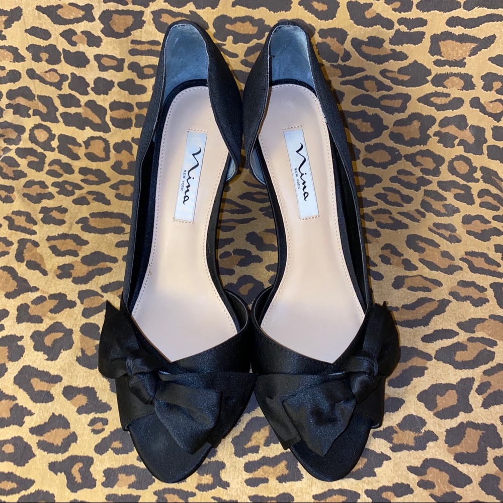 NINA Black Satin Bow Open Toe Pumps Sz 9.5